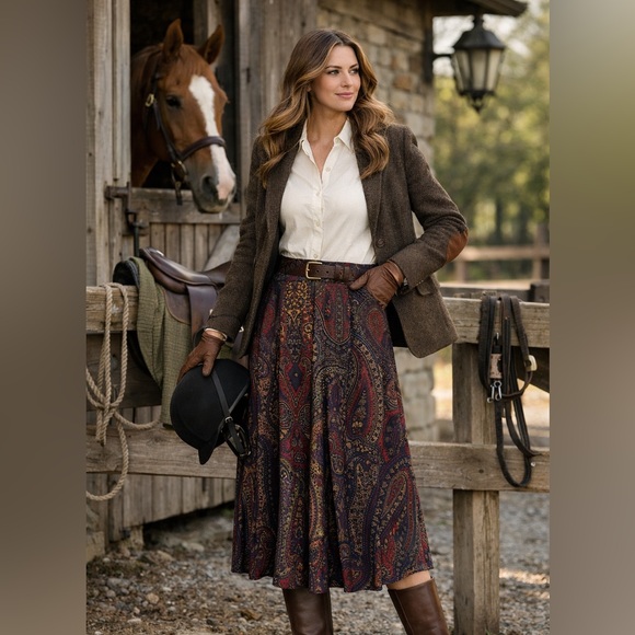 Vintage Paisley Midi Skirt Equestrian Fall Red Navy Green Gold Size 12 - Picture 2 of 16